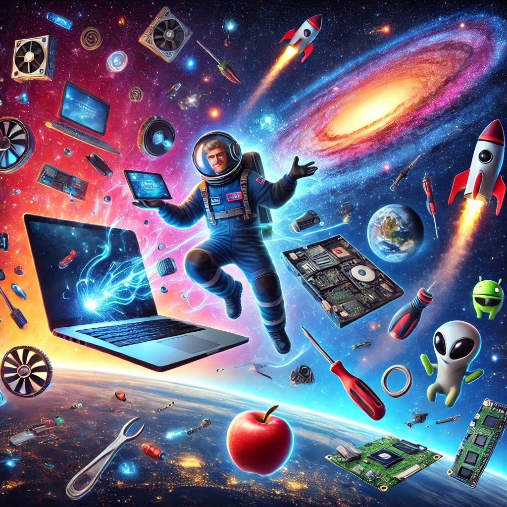 Ilustracja serwisanta laptopów w kosmosie – kreatywne podejście do naprawy laptopów i komputerów