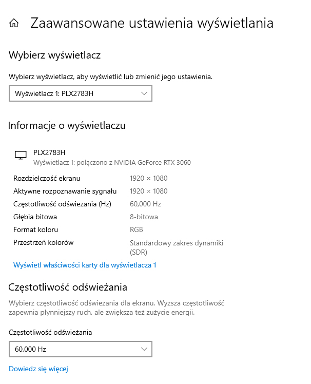 Ustawienia odświeżania obrazu w systemie