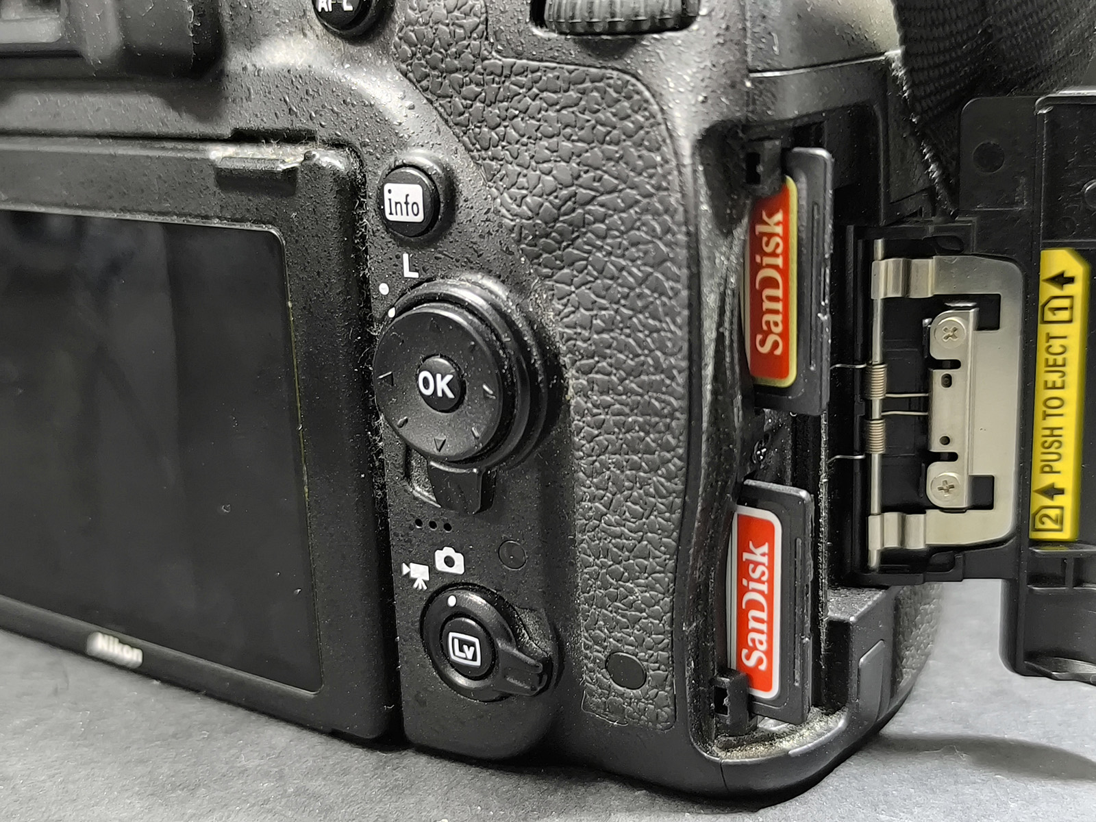 Dwie karty pamięci SD w aparacie Nikon podczas odzyskiwania zdjęć